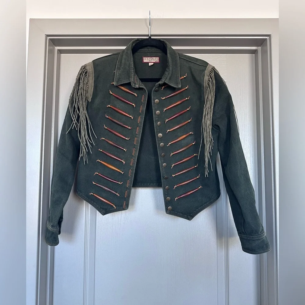 Double D Ranch Vintage Denim Fringe Jacket – Cropped Western Cowgirl M - Picture 3 of 16